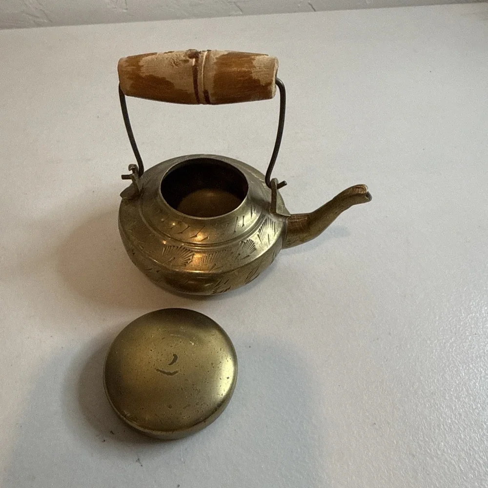 Vintage Miniature Brass Teapot Etched Wood Handle Dollhouse Collectible India